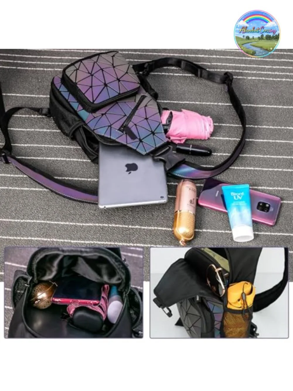 Luminous PU Leather Sling Backpack Crossbody Bag Geometric Convertible
